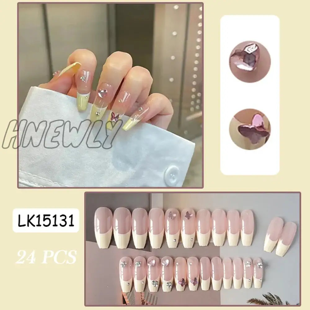 Hnewly Press On Nails Heart 24Pcs Pink Bow False Nail Girls Sweet Style Save Time Medium Coffin