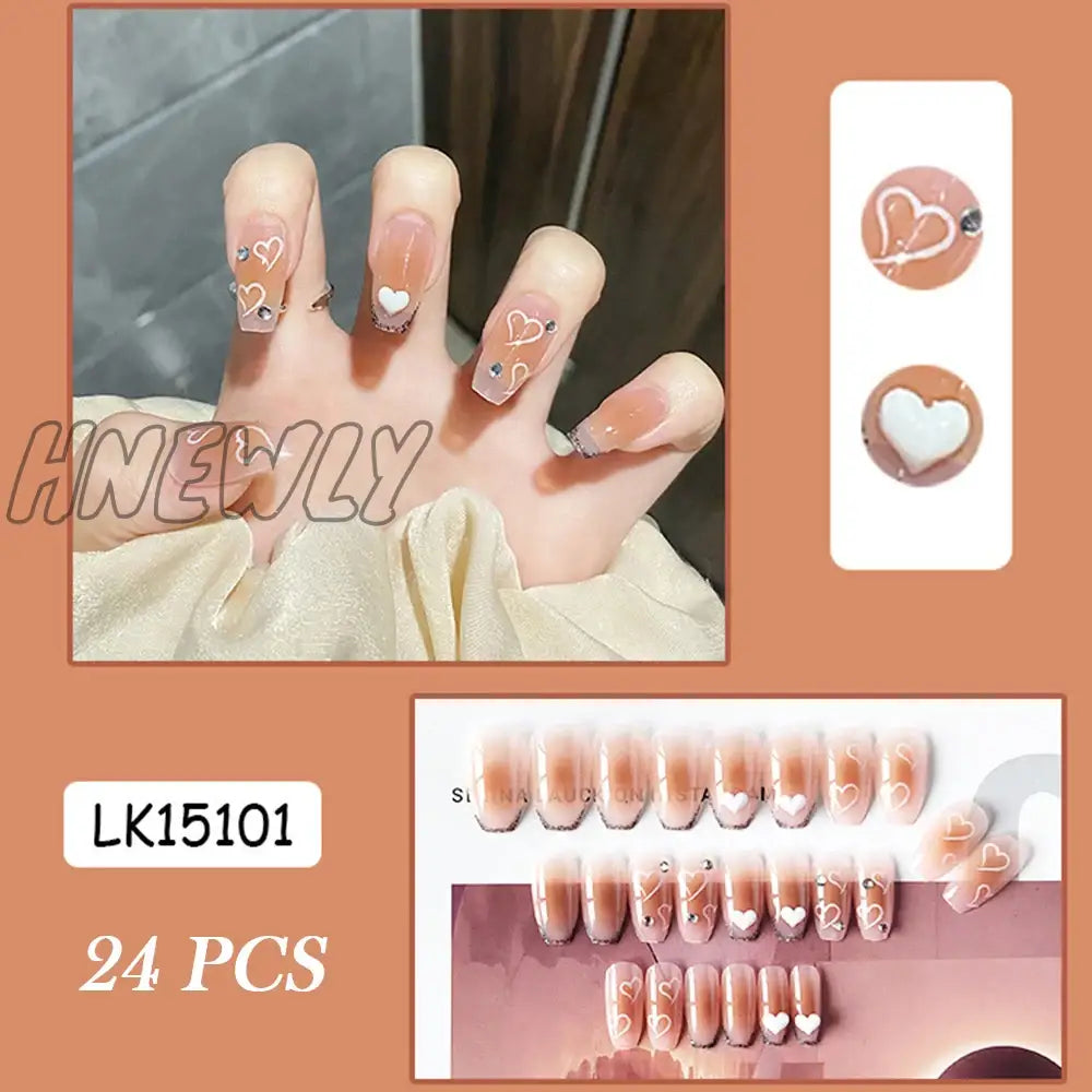 Hnewly Press On Nails Heart 24Pcs Pink Bow False Nail Girls Sweet Style Save Time Medium Coffin