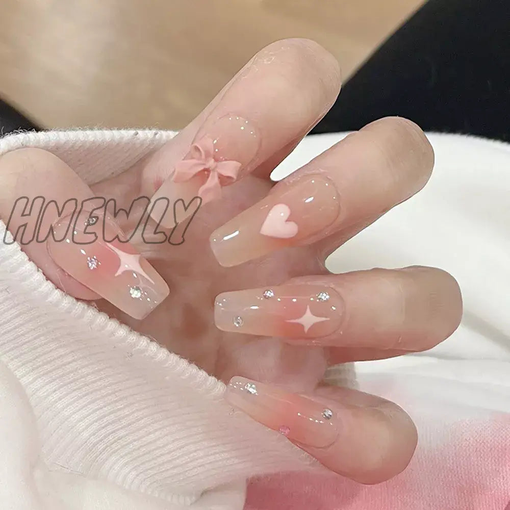 Hnewly Press On Nails Heart 24Pcs Pink Bow False Nail Girls Sweet Style Save Time Medium Coffin