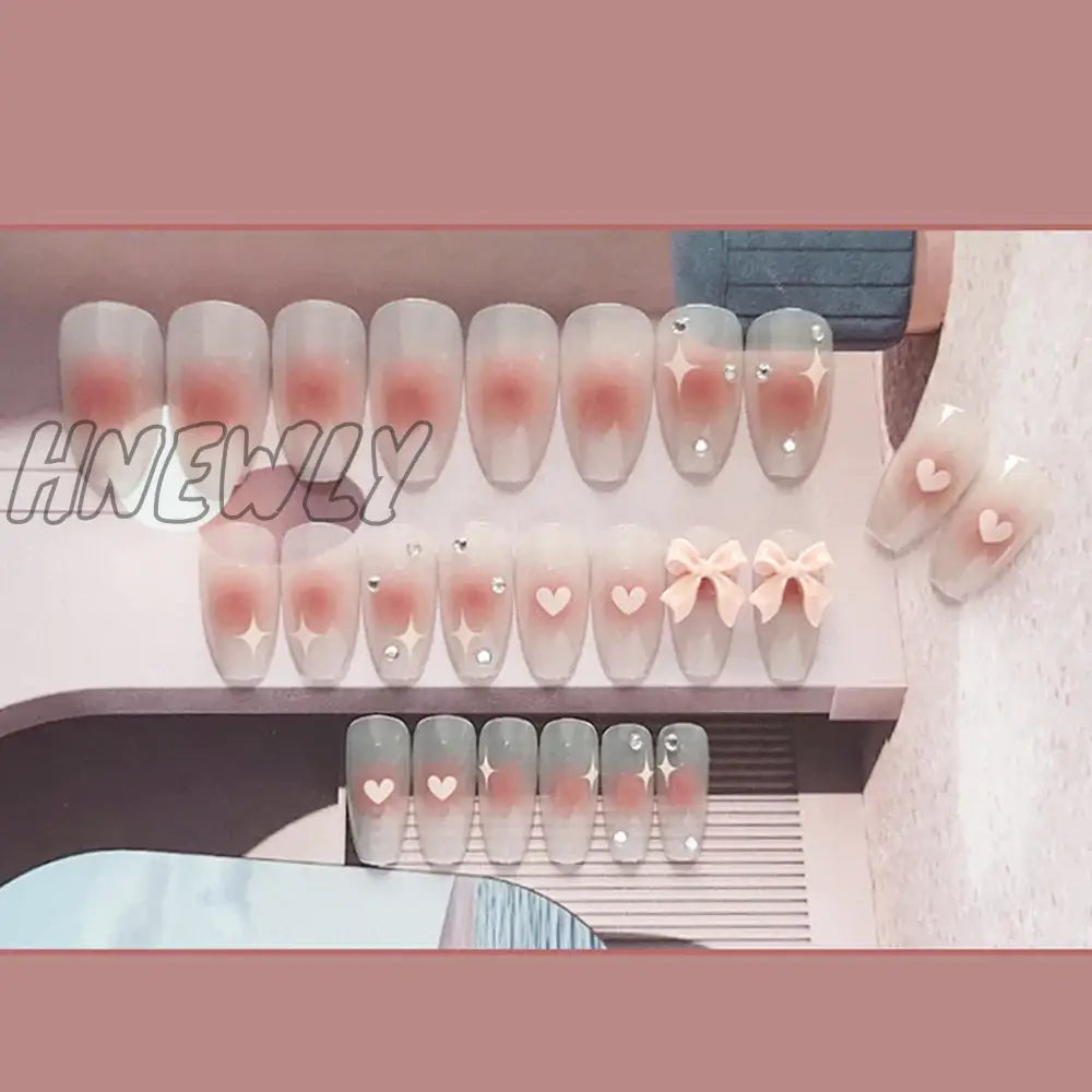 Hnewly Press On Nails Heart 24Pcs Pink Bow False Nail Girls Sweet Style Save Time Medium Coffin