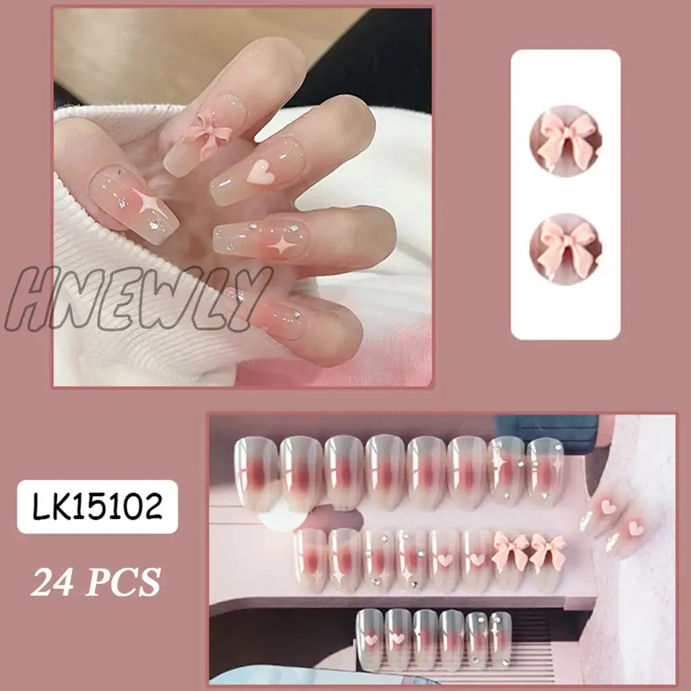 Hnewly Press On Nails Heart 24Pcs Pink Bow False Nail Girls Sweet Style Save Time Medium Coffin