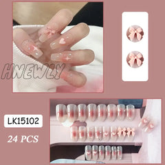 Hnewly Press On Nails Heart 24Pcs Pink Bow False Nail Girls Sweet Style Save Time Medium Coffin