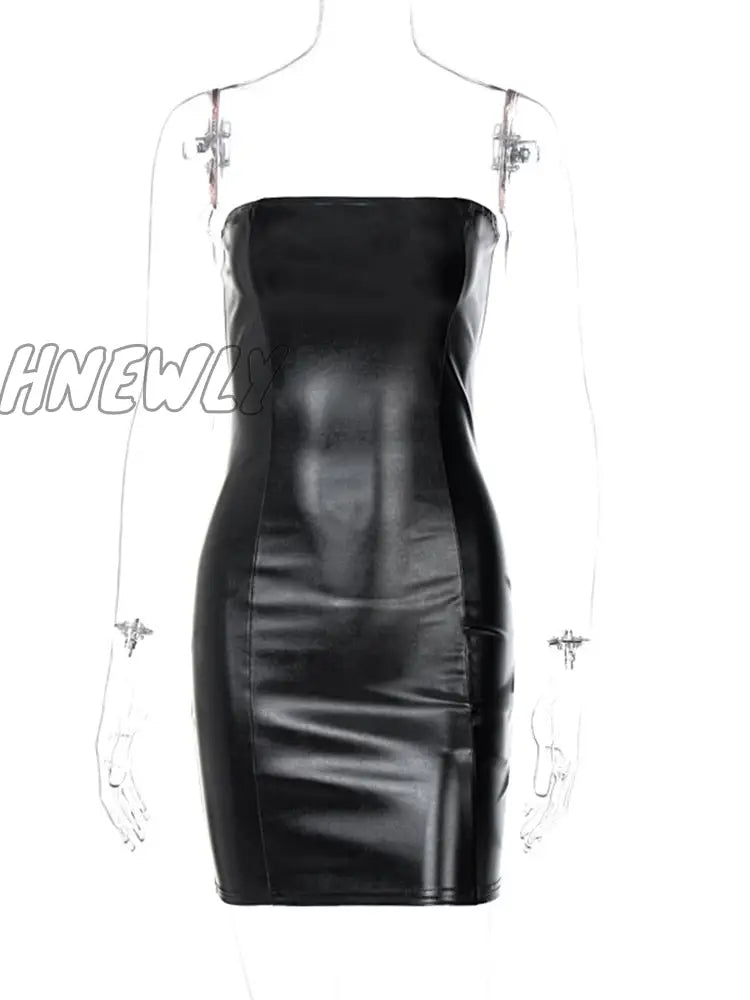 Hnewly Pu Faux Leather Tube Mini Dress For Women Bodycon Sexy Streetwear Party Club Y2K Clothing