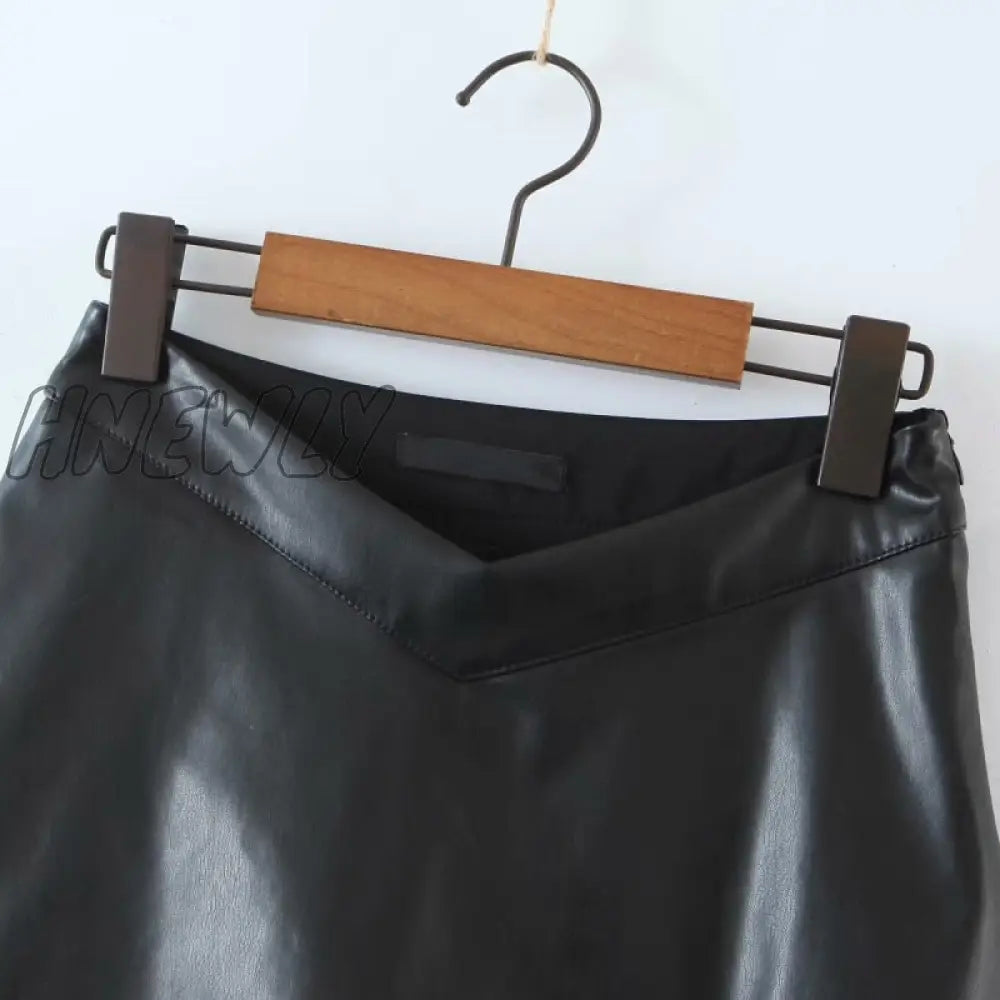Hnewly Pu Leather Short Skirt Women Black Sexy Split Slim High Waisted A-Line Mini Skirts Female