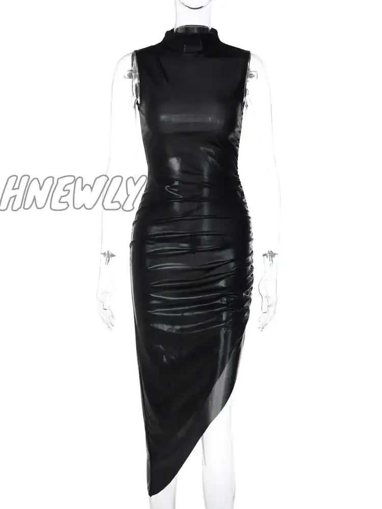 Hnewly Pu Leather Turtleneck Sleeveless Draped Slit Sexy Slim Midi Prom Dress Summer Women Elegant