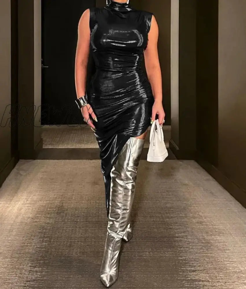 Hnewly Pu Leather Turtleneck Sleeveless Draped Slit Sexy Slim Midi Prom Dress Summer Women Elegant