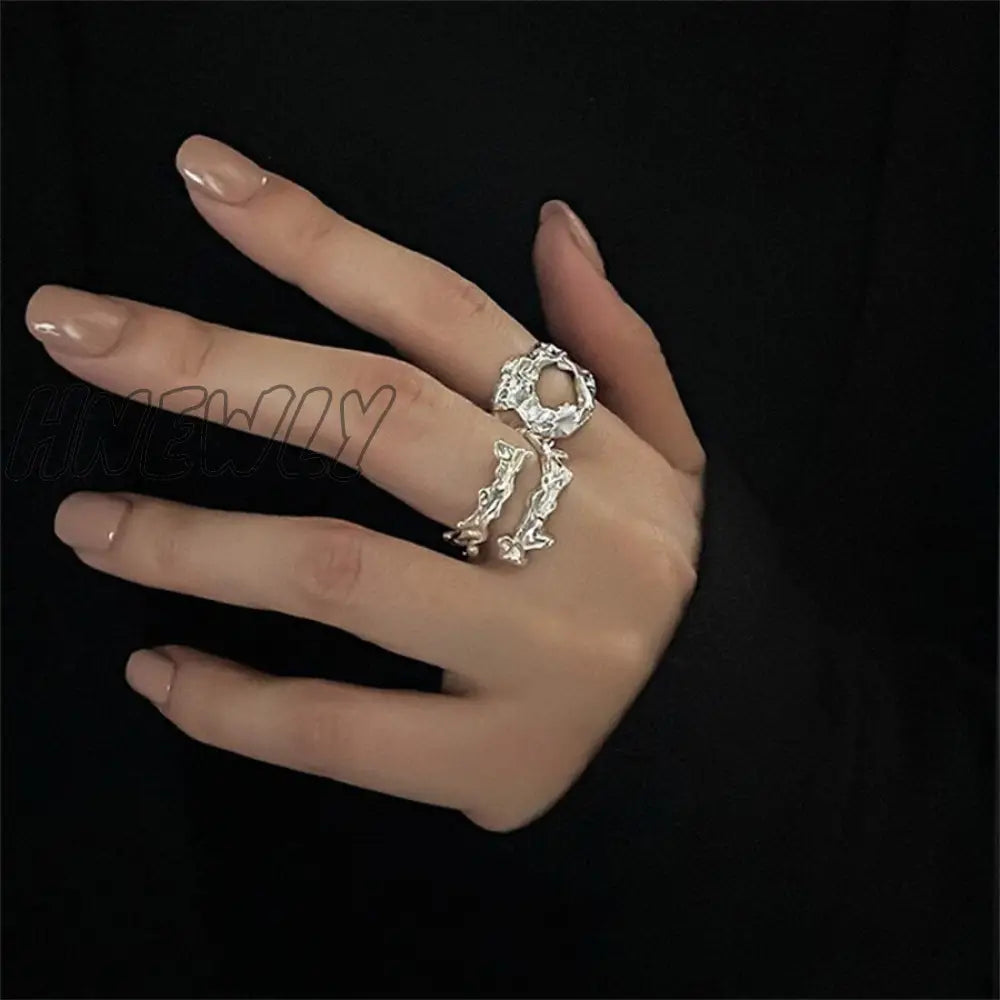 Hnewly Punk Geometric Irregular Liquid Lava Waterdrop Shaped Open Rings For Women Vintage Silver