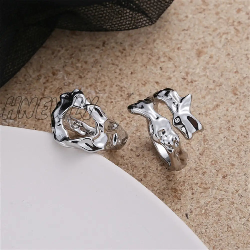 Hnewly Punk Geometric Irregular Liquid Lava Waterdrop Shaped Open Rings For Women Vintage Silver