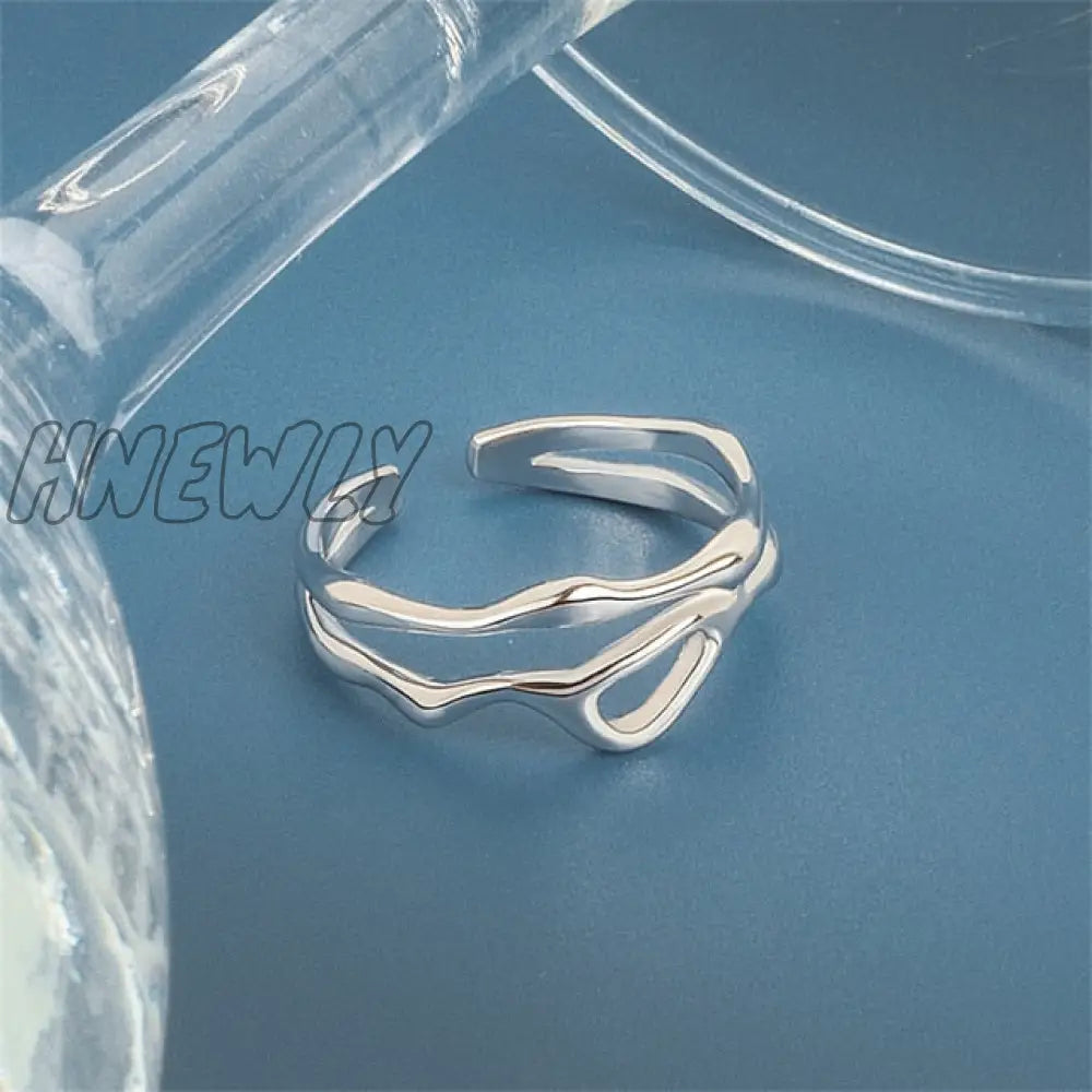 Hnewly Punk Geometric Irregular Liquid Lava Waterdrop Shaped Open Rings For Women Vintage Silver