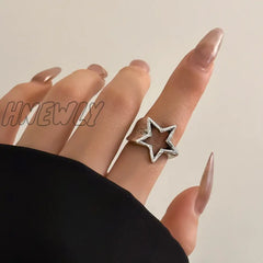 Hnewly Punk Hollow Out Thick Geometric Star Open Ring For Women Men Minimalist Silver Color Party
