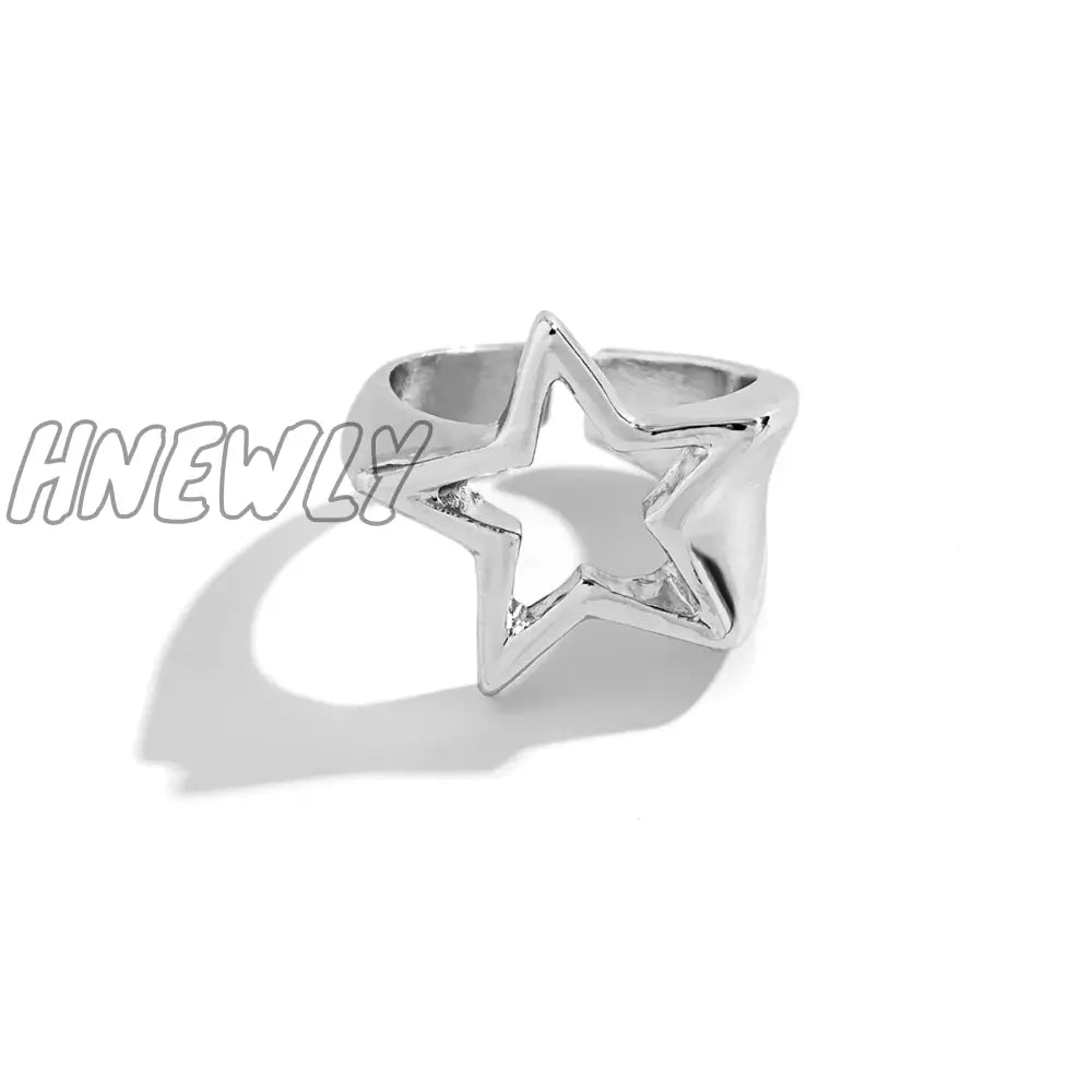 Hnewly Punk Hollow Out Thick Geometric Star Open Ring For Women Men Minimalist Silver Color Party