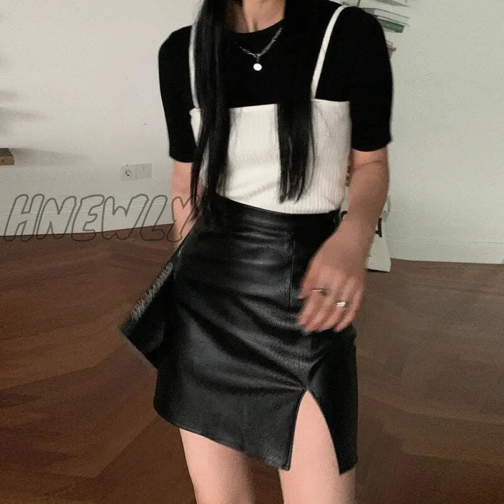 Hnewly Punk Leather Skirt Women Black Sexy Split Slim High Waisted A-Line Mini Skirts Autumn Korean