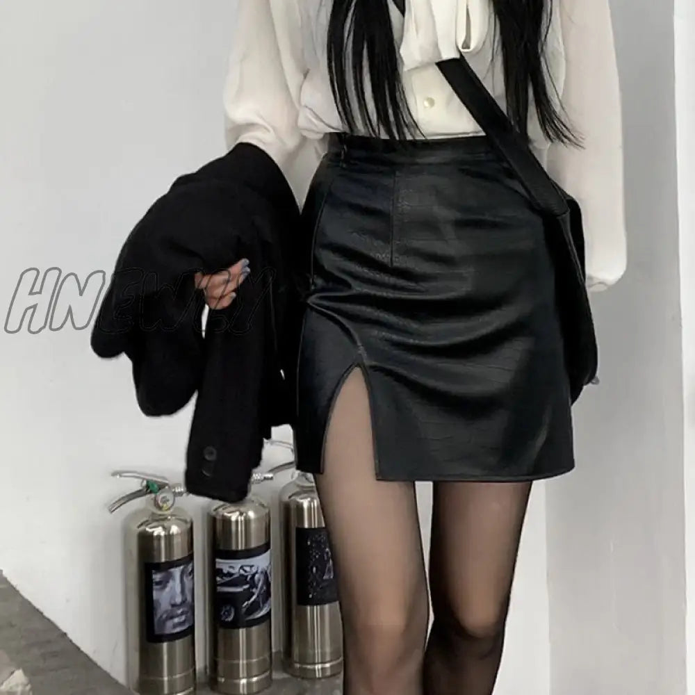 Hnewly Punk Leather Skirt Women Black Sexy Split Slim High Waisted A-Line Mini Skirts Autumn Korean