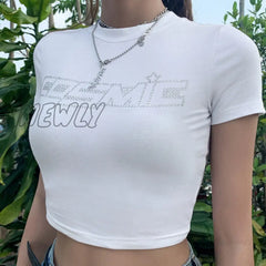Hnewly Punk Vintage Rhinestone Spider Goth Graphic T Shirt Women Y2K Style Crop Top O-Neck Tshirt