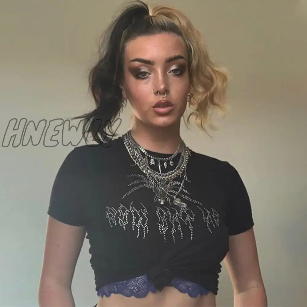 Hnewly Punk Vintage Rhinestone Spider Goth Graphic T Shirt Women Y2K Style Crop Top O-Neck Tshirt