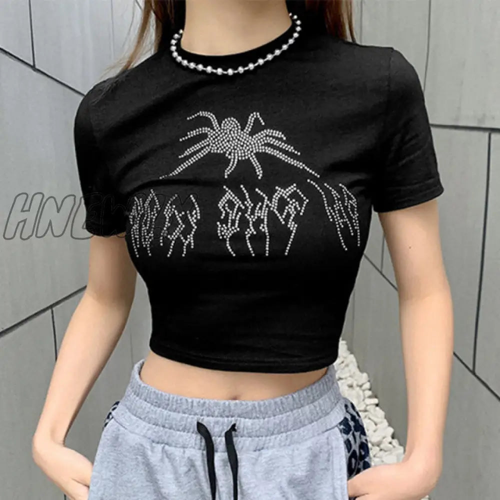 Hnewly Punk Vintage Rhinestone Spider Goth Graphic T Shirt Women Y2K Style Crop Top O-Neck Tshirt