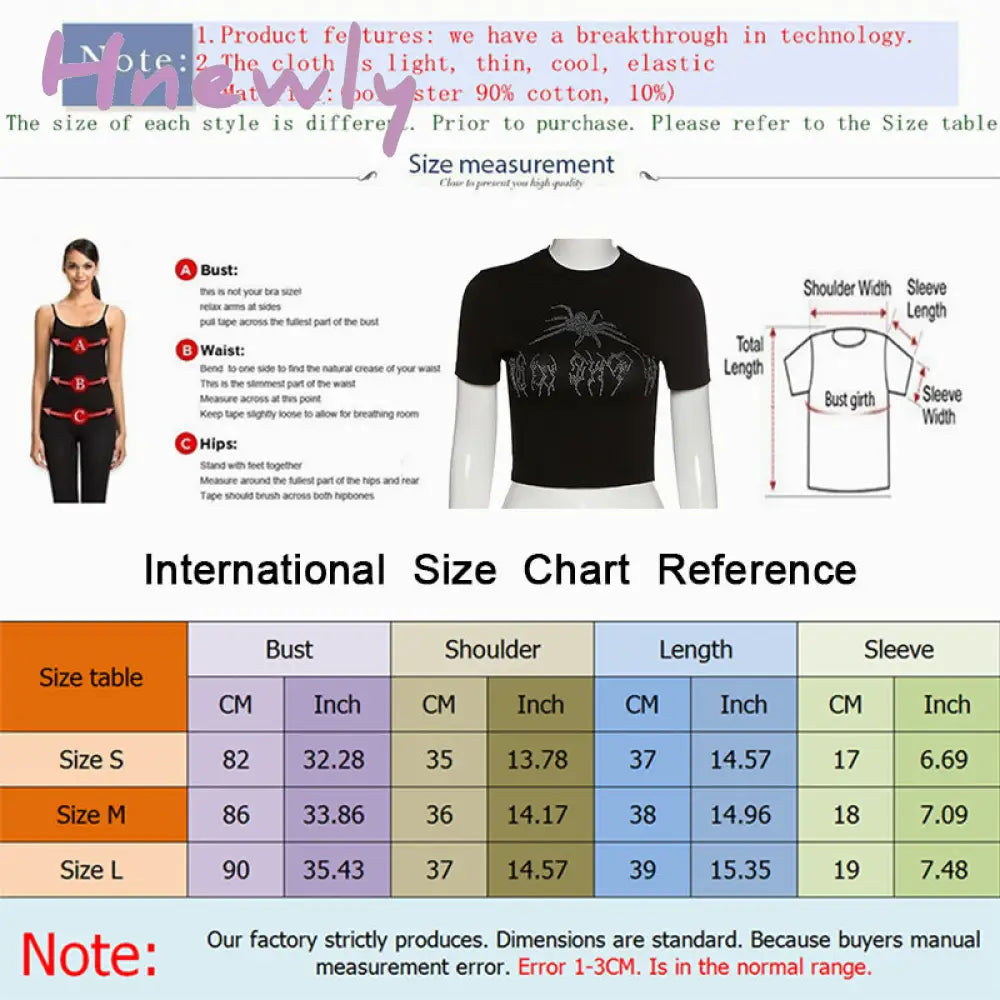 Hnewly Punk Vintage Rhinestone Spider Goth Graphic T Shirt Women Y2K Style Crop Top O-Neck Tshirt