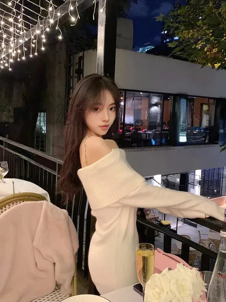 Hnewly Pure Color Elegant Knitted Dress Woman Bodycon Slim Y2K Mini Casual Party Korean Fashion