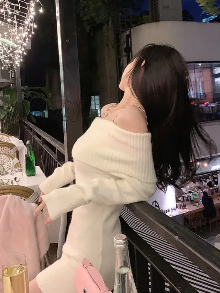 Hnewly Pure Color Elegant Knitted Dress Woman Bodycon Slim Y2K Mini Casual Party Korean Fashion