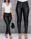 Hnewly Pure Color Leather Casual Pants Small Feet Spring Women Pu Black Sexy Stretch Bodycon High