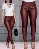 Hnewly Pure Color Leather Casual Pants Small Feet Spring Women Pu Black Sexy Stretch Bodycon High