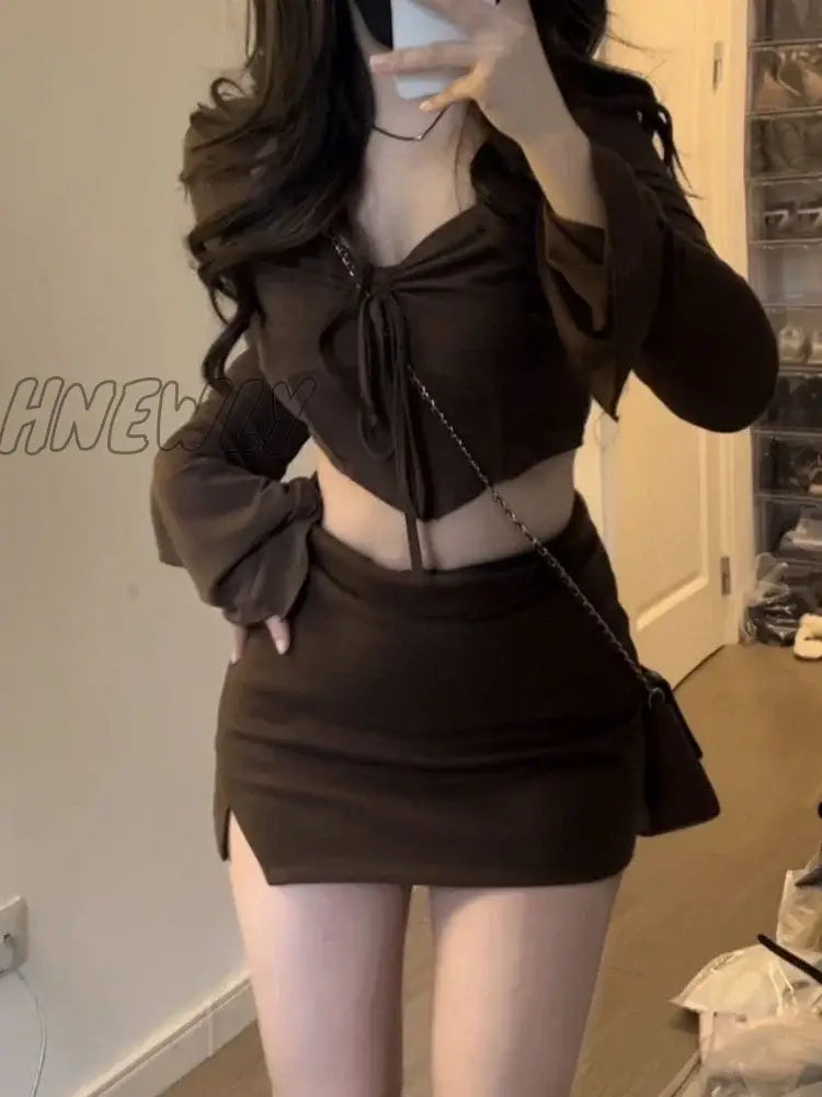 Pure Desire New Spring/Summer Irregular Pleated Bottom Square Neck Long Sleeve Y2k Crop Top + Skirt Set 2 Piece Dress Sets