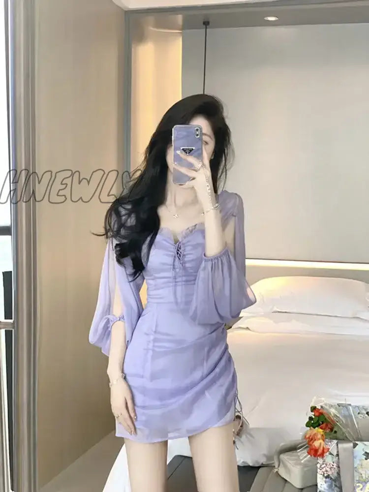 Hnewly Purple Fairy One Shoulder Dress Women New Summer Waist Design Chiffon Ruffled Gauze Skirt