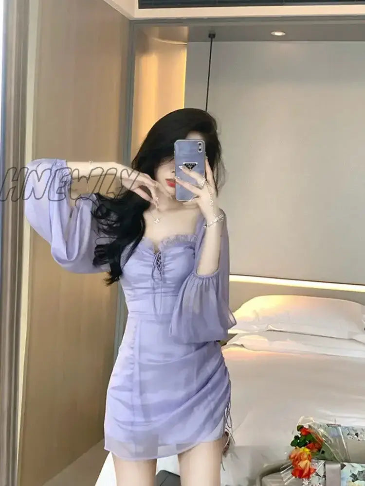 Hnewly Purple Fairy One Shoulder Dress Women New Summer Waist Design Chiffon Ruffled Gauze Skirt