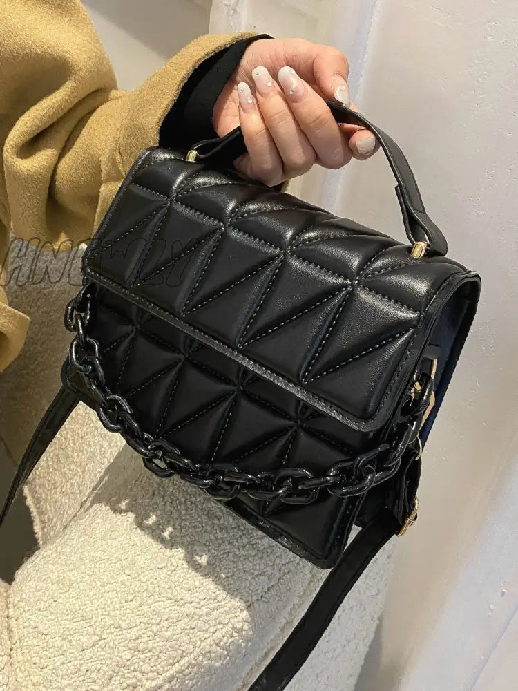 Hnewly - Quilted Chain Flap Square Bag Women Satchels Black Women-Satchels