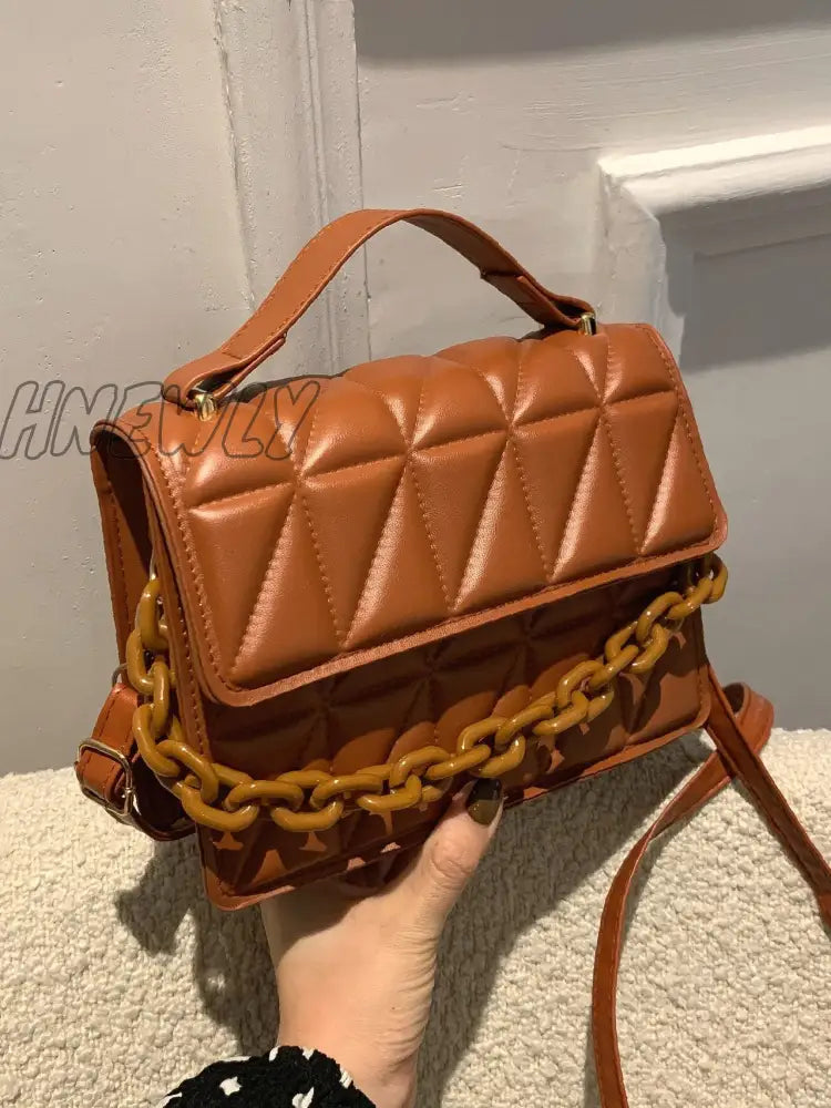 Hnewly - Quilted Chain Flap Square Bag Women Satchels Brown Women-Satchels