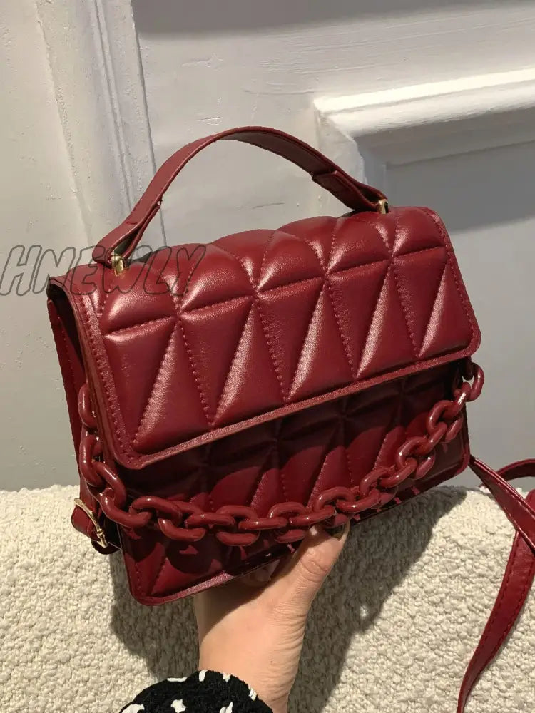 Hnewly - Quilted Chain Flap Square Bag Women Satchels Burgundy Women-Satchels
