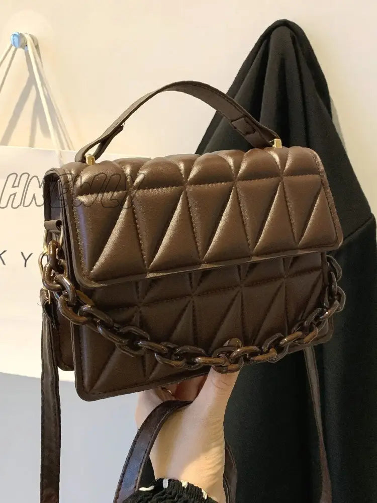 Hnewly - Quilted Chain Flap Square Bag Women Satchels Coffee Brown Women-Satchels