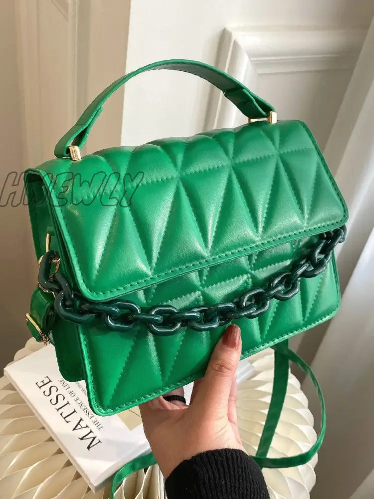 Hnewly - Quilted Chain Flap Square Bag Women Satchels Green Women-Satchels