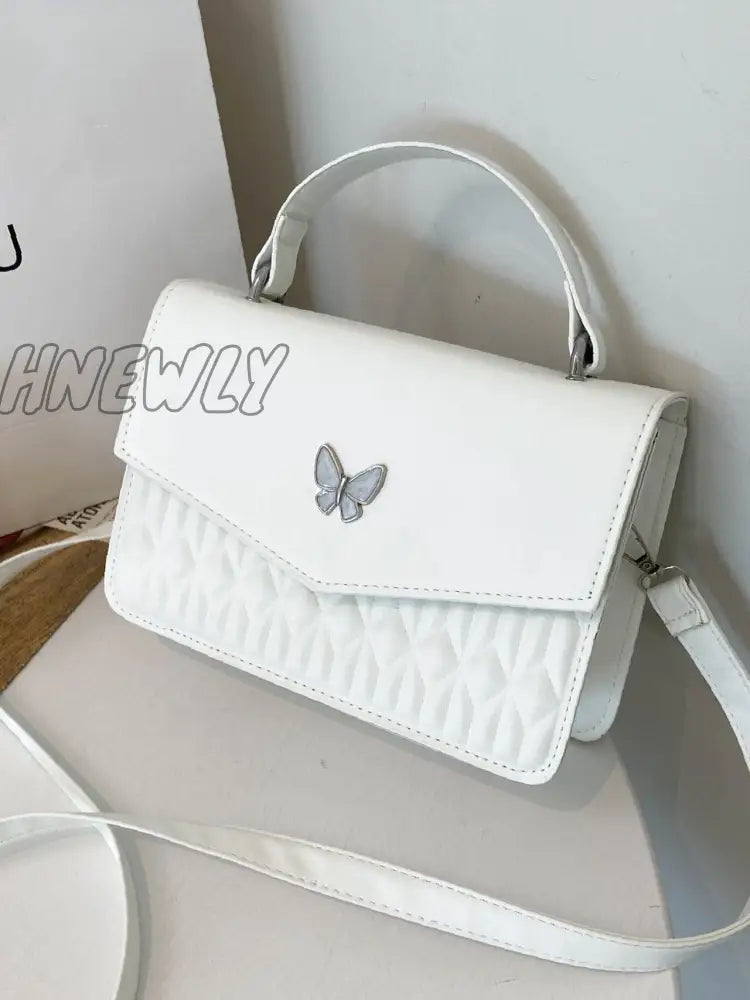 Hnewly - Quilted Metal Butterfly Decor Square Bag Women Satchels White Women-Satchels