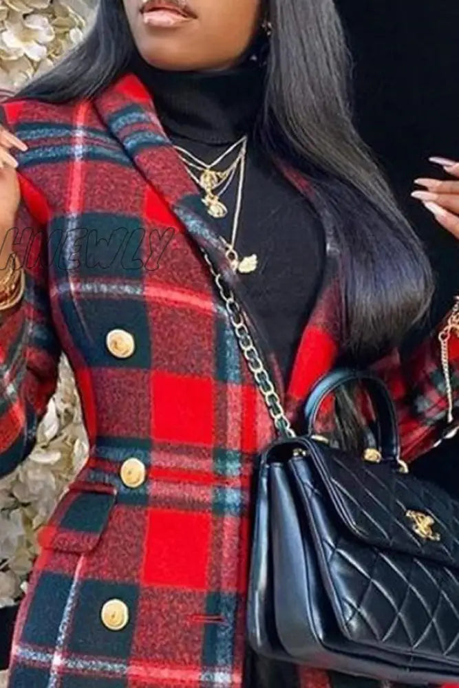 Hnewly - Red Casual Plaid Patchwork Buttons Polo Collar Outerwear Coats Suits