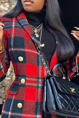 Hnewly - Red Casual Plaid Patchwork Buttons Polo Collar Outerwear Coats Suits