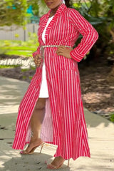 Hnewly - Red Casual Striped Print Cardigan Outerwear (Without Belt) Coats