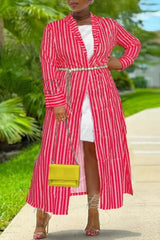 Hnewly - Red Casual Striped Print Cardigan Outerwear (Without Belt) Coats