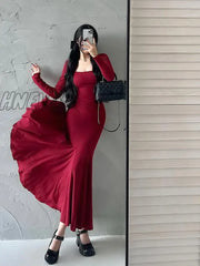 Hnewly Red Hot Sexy Autumn Long Dress Pleated Waist Sleeves Fishtail Elegant Fashion New Tops Pe9Y