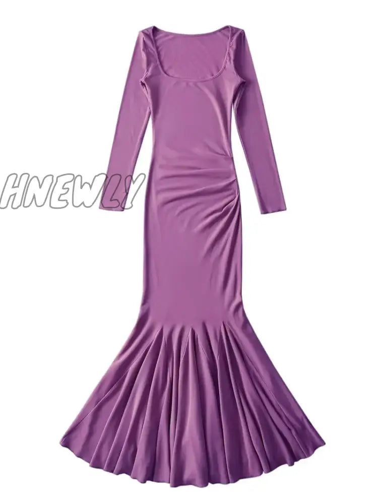Hnewly Red Hot Sexy Autumn Long Dress Pleated Waist Sleeves Fishtail Elegant Fashion New Tops Pe9Y