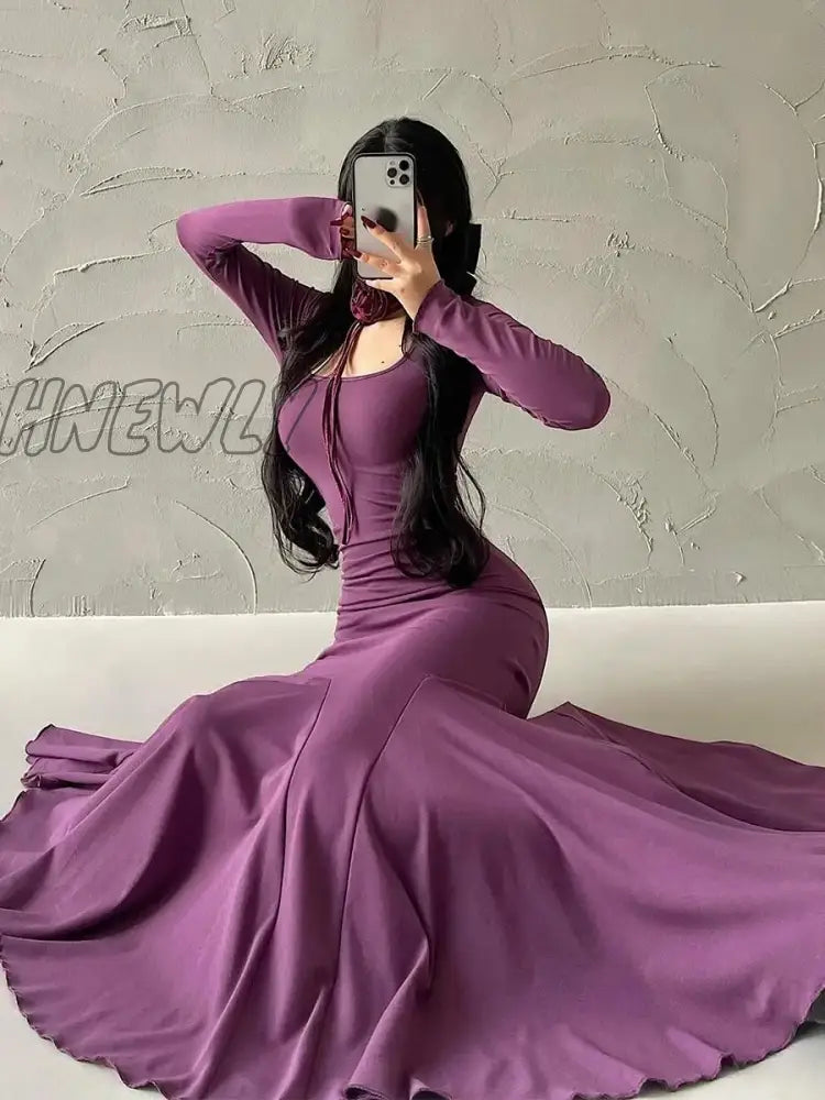 Hnewly Red Hot Sexy Autumn Long Dress Pleated Waist Sleeves Fishtail Elegant Fashion New Tops Pe9Y