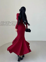 Hnewly Red Hot Sexy Autumn Long Dress Pleated Waist Sleeves Fishtail Elegant Fashion New Tops Pe9Y