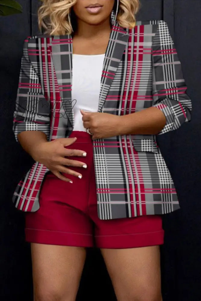 Hnewly - Red Street Plaid Printing Turn-Back Collar Outerwear / S Coats Suits