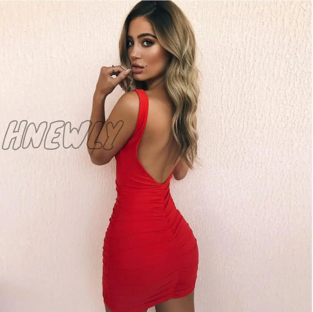 Hnewly Red Tank Vestidos Sexy Dress Ruffled Backless Party Club Mujer Summer Women Bodycon Bag Hip