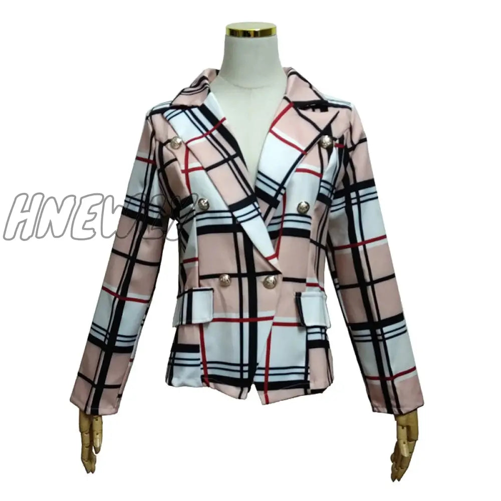 Hnewly Retro Houndstooth Print Blazer Ladies Casual Double Breasted Long Sleeve Blazers Lady