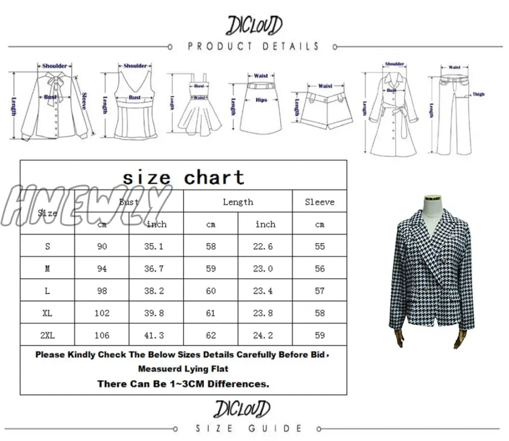 Hnewly Retro Houndstooth Print Blazer Ladies Casual Double Breasted Long Sleeve Blazers Lady