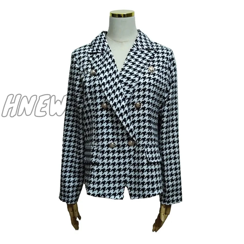 Hnewly Retro Houndstooth Print Blazer Ladies Casual Double Breasted Long Sleeve Blazers Lady