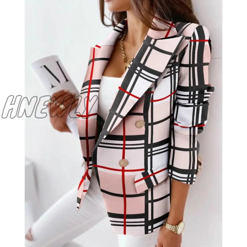 Hnewly Retro Houndstooth Print Blazer Ladies Casual Double Breasted Long Sleeve Blazers Lady