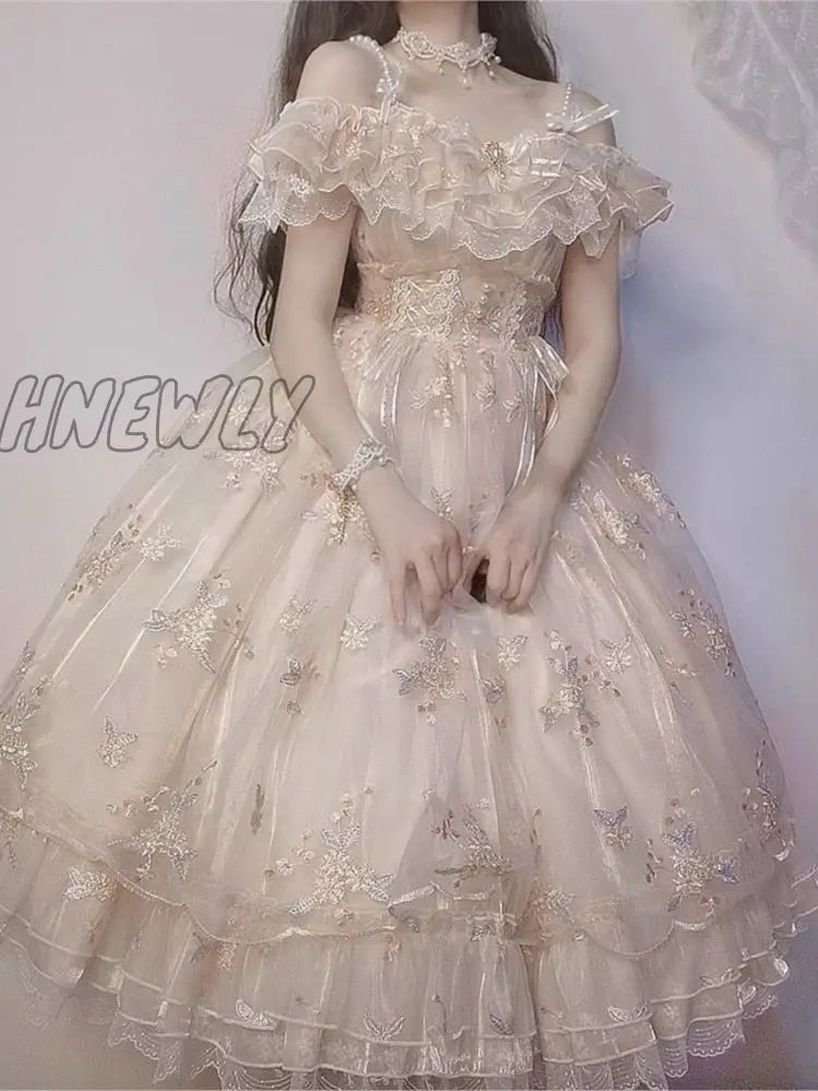 Hnewly Retro Lolita Jsk Dress Japanese Women Sweet Lace Floral Embroidery Princess Wedding Dresses