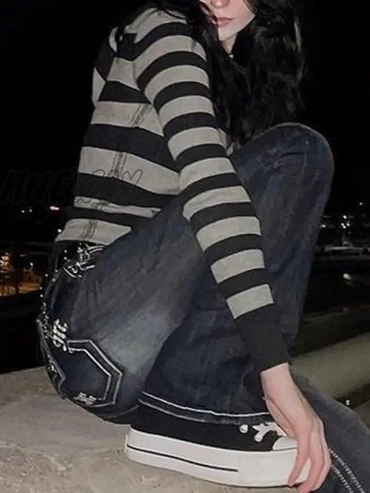 Hnewly Retro Mall Goth Grunge Sweatshirts Women Y2K Striped Print Casual Hoodies Aesthetic 2000S